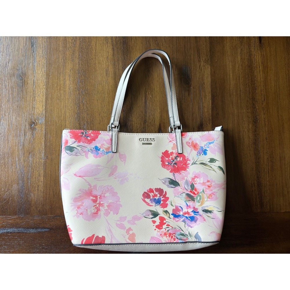 GUESS Los Angeles Floral Saffiano Tote Bag Cream Pink Blue Handbag
